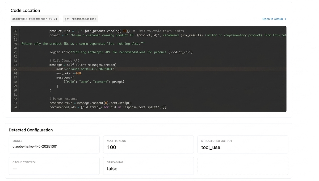 The Code Location card showing the calling code with line 74 highlighted and an Open in GitHub link, and the Detected Configuration card with model, max_tokens, structured output, and streaming settings