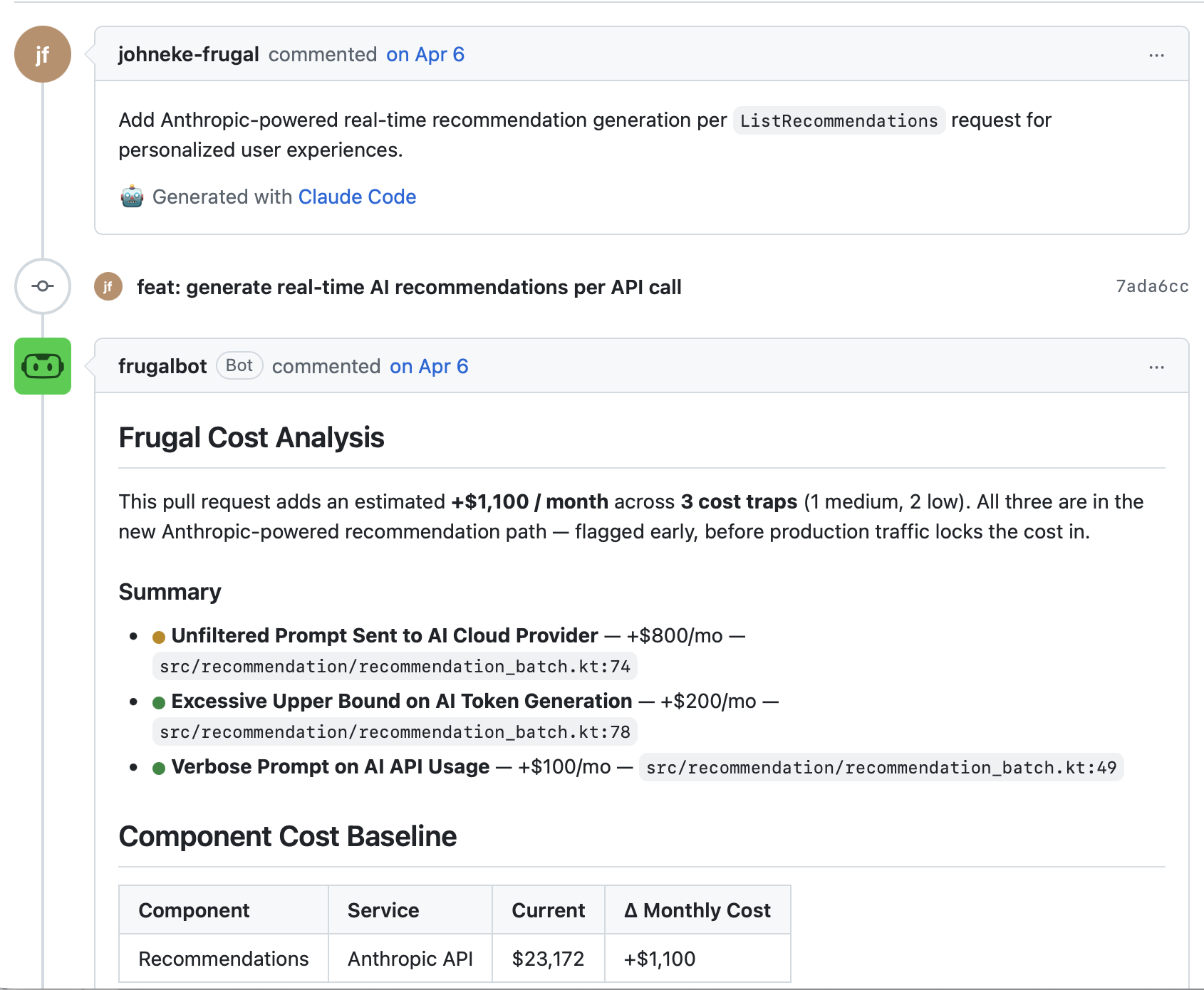 Frugalbot's Frugal Cost Analysis comment on the pull request, summarizing +$1,100 monthly impact across three cost traps with a component cost baseline table