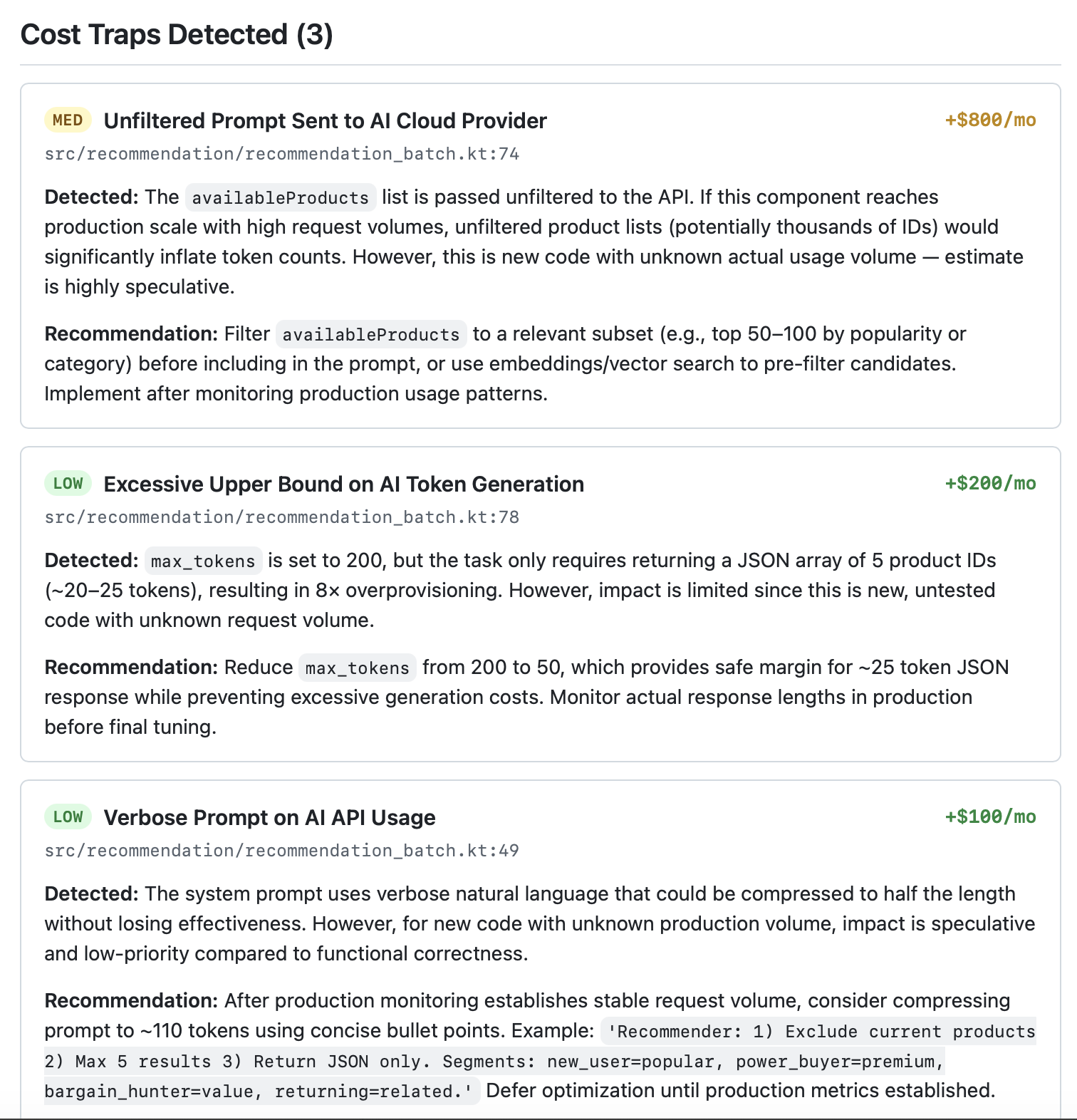 The Cost Traps Detected section, listing three traps with severity, file and line, what was detected, and a recommendation for each