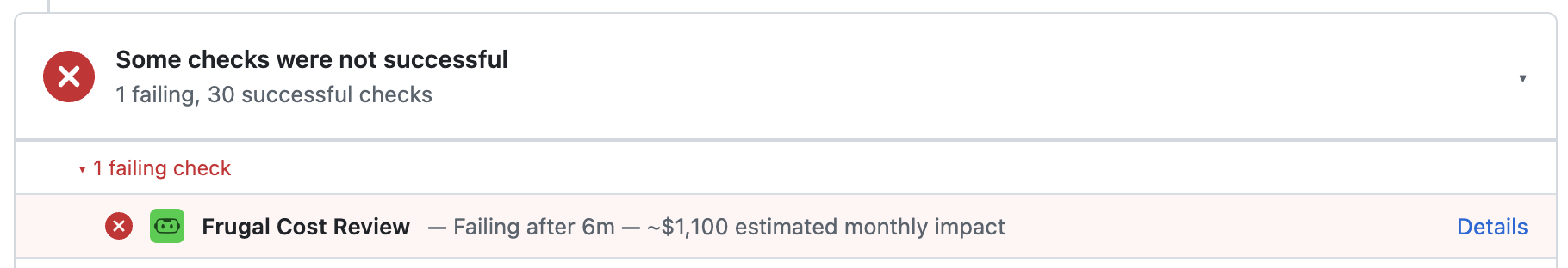 The GitHub checks summary showing 1 failing check, Frugal Cost Review, with ~$1,100 estimated monthly impact