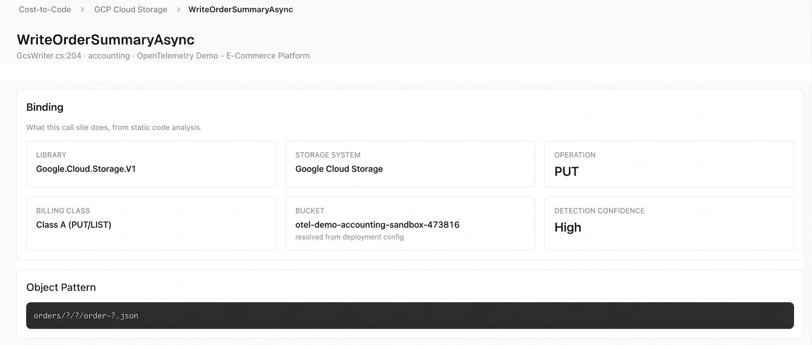 The Binding card for WriteOrderSummaryAsync: Google Cloud Storage, PUT operation, Class A billing class, the target bucket resolved from deployment config, plus the detected object pattern orders/?/?/order-?.json