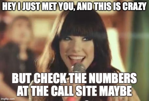 Carly Rae Jepsen meme: hey I just met you, and this is crazy, but check the numbers at the call site maybe