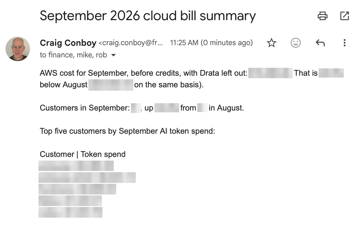 The September cloud bill summary email drafted by Grok bot, with cost figures, customer counts and the top-five customer table blurred
