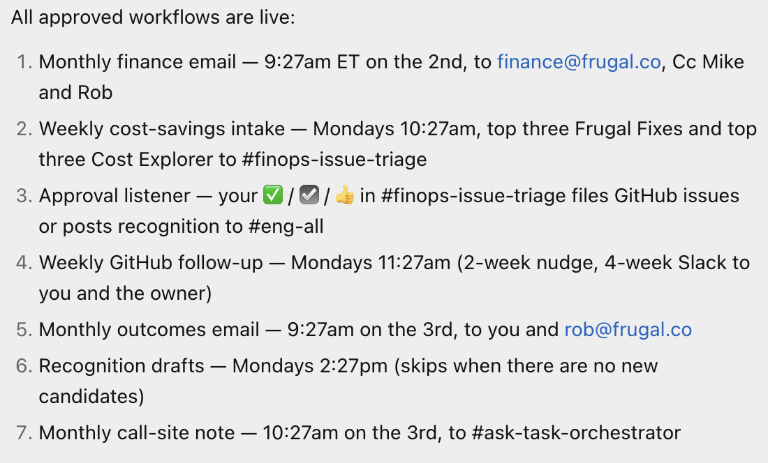 Grok bot's list of the seven live jobs: the monthly finance email, weekly savings intake, approval listener, weekly GitHub follow-up, monthly outcomes email, recognition drafts and the monthly call-site note