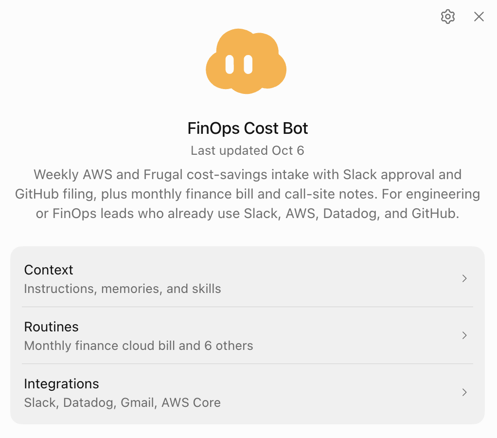 The FinOps Cost Bot template in Grok bot: weekly AWS and Frugal cost-savings intake with Slack approval and GitHub filing, plus monthly finance bill and call-site notes